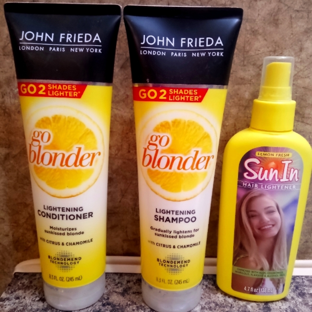 Shampoo, conditioner & hair lightener spray.